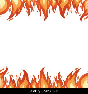 Fire flame seamless double sided border. Bright fiery flames, heat wildfire, campfire red hot bonfire hand drawn isolated on white. Flat style seamless border burning frame. Vector illustration Stock Vector