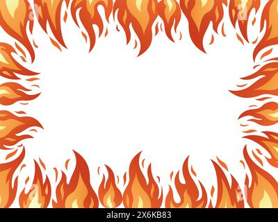 Fire frame border. Bright fiery flames, heat wildfire, campfire red hot bonfire. Burning frame hand drawn isolated on white. Trendy flat style cartoon burning frame. Vector illustration Stock Vector