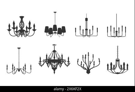 Chandelier silhouette, Crystal chandelier silhouette, Decoration light, Vintage chandelier, Candlestick silhouette Stock Vector