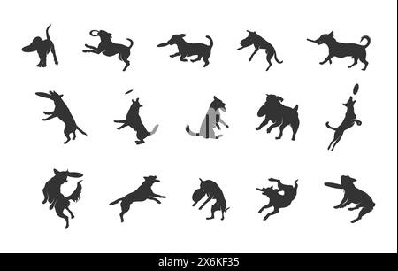 Frisbee dog silhouette, Frisbee dog, Frisbee dog catching silhouette, Jumping dog silhouette. Stock Vector