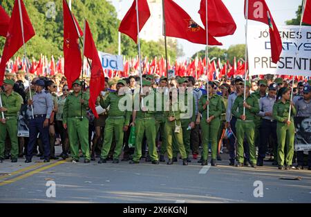 Municipal Workers Marching in the May Day Parade on 1st May 2016, Revolution Square, Havana, Cuba, Caribbean. Labour Day or International Workers Day. Stock Photo