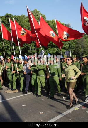 Municipal Workers Marching in the May Day Parade on 1st May 2016, Revolution Square, Havana, Cuba, Caribbean. Labour Day or International Workers Day. Stock Photo