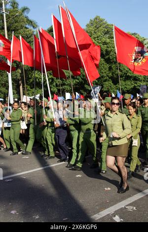 Municipal Workers Marching in the May Day Parade on 1st May 2016, Revolution Square, Havana, Cuba, Caribbean. Labour Day or International Workers Day. Stock Photo