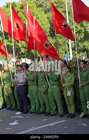 Municipal Workers Marching in the May Day Parade on 1st May 2016, Revolution Square, Havana, Cuba, Caribbean. Labour Day or International Workers Day. Stock Photo