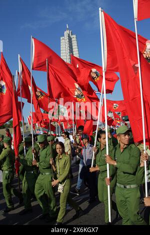 Municipal Workers Marching in the May Day Parade on 1st May 2016, Revolution Square, Havana, Cuba, Caribbean. Labour Day or International Workers Day. Stock Photo