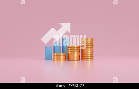 3D illustration depicting financial growth, featuring a white upward arrow among rising blue bar graphs and stacks of gold coins, set against a soft p Stock Photo