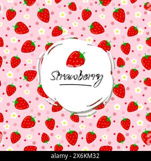 Seamless pattern with Bright red strawberries and strawberry flower on background. Stock Vector