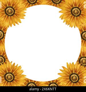 Sunflower wreath, golden round frame of yellow flowers, hand painted ...