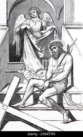 Wood Engraving of Jesus Christ wearing the Crown of thorns By Cross with Angel Behind New Testament from 19th Century Illustrated Family Bible Stock Photo