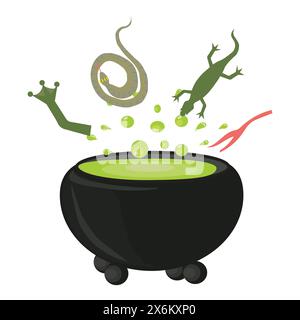 Cauldron with witchs potion and ingredients. Vector illustration isolated on white background. Stock Vector