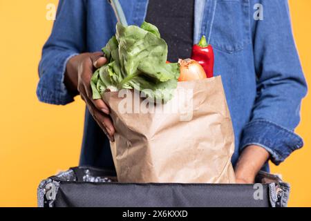 Male model courier emptying a paper bag full of fresh groceries, using backpack to bring local farmers market orders to clients. African american guy working in takeout industry. Close up. Stock Photo
