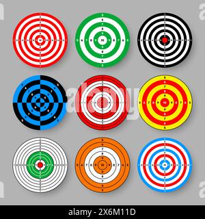 Shooting range paper targets. Round target with divisions, marks and numbers. Archery, gun shooting practise and training, sport competition and Stock Vector