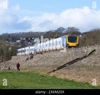 24/3/24 Grange Over Sands, Cumbria. Northern Rail class 195 trains that derailed on 22 March after a sink-hole opened under the line Stock Photo