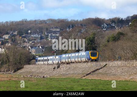 24/3/24 Grange Over Sands, Cumbria. Northern Rail class 195 trains that derailed on 22 March after a sink-hole opened under the line Stock Photo