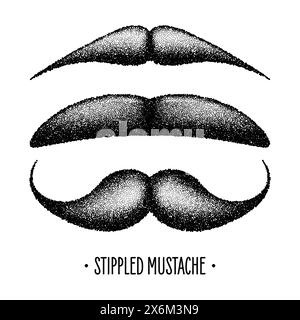 Stippled vintage mustache. Curly facial hair. Hipster beard. Stippling, dot drawing and shading, stipple pattern, halftone effect. Vector illustration Stock Vector