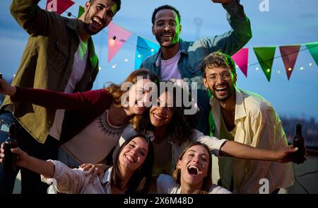 Portrait of happy diverse millennial friends hug at meeting Stock Photo ...