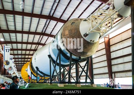 Saturn V rocket and Lunar module of the Apollo program on display in Rocket Park at Space Center Houston, Texas, USA. Stock Photo