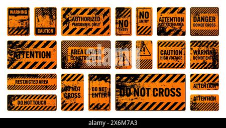 Orange grunge warning signs with diagonal lines. Old attention, danger or caution sign, construction site signage. Realistic notice signboard, warning Stock Vector