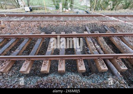 Pipe damaged by tamper  that may have contributed to the sink-hole which caused the train accident at Grange Over Sands, Cumbria, March 2024 Stock Photo