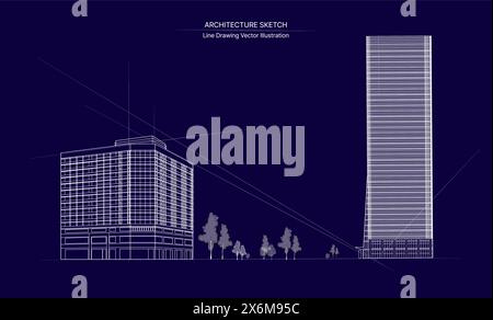 Architecture line drawing. Cityscape Sketch, Vector Sketch. Architecture Illustration. Stock Vector