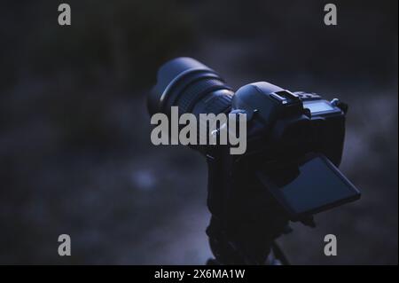 World Photography Day concept. A modern digital semi-mirror camera with a movable touch screen, mounted on a tripod in the nature, ready to take stead Stock Photo