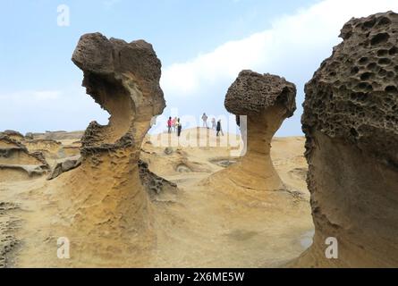 Bizarre rock formations created by erosion: the Yehliu Geopark near Taipei, Taiwan is located on the South China Sea and is a popular excursion destin Stock Photo