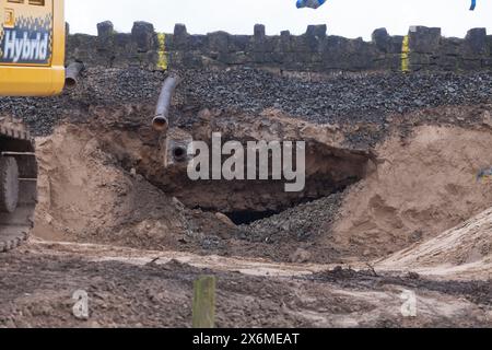 Grange Over Sands, site of the sink-hole that derailed a train 22/3/24, void under sea wall visible. Stock Photo