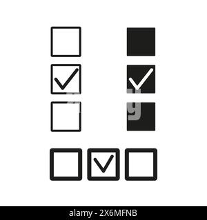 Set of check mark box icons. Various selection signs, black and white vector. Checkbox confirmation elements. Stock Vector