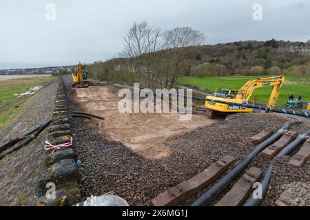 Grange Over Sands, site of the sink-hole that derailed a train 22/3/24, contractor Murphy carrying out repairs to the railway line Stock Photo