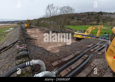 Grange Over Sands, site of the sink-hole that derailed a train 22/3/24, contractor Murphy carrying out repairs to the railway line Stock Photo