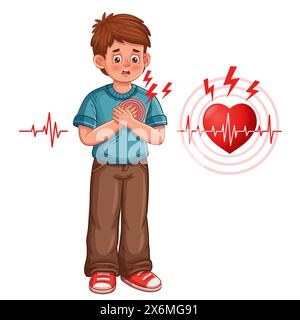 Heartache, heart attack, chest pain, cardiovascular medical disease. Sick boy feel cardio hurt. Love relationship problem. Health care. Cartoon vector Stock Vector
