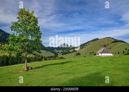 Church of St. Leonhard on a green meadow with peaks of the Mangfall Mountains in the background, Grafenherberg, Sudelfeld, Bavarian Alps, Upper Bavari Stock Photo