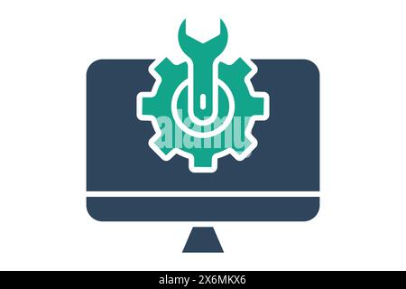 computer setting icon. computer with gear and wrench. icon related to information technology. solid icon style. technology element vector illustration Stock Vector