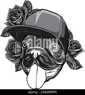 monochrome Hand draw portrait of pug wearing a wreath of flowers. Vector illustration Stock Vector