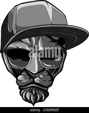 monochrome feline head with hat and sunglasses on white background Stock Vector
