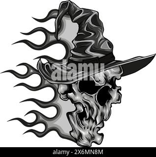 Monochrome skull with witch hat on flames vector illustration Stock Vector