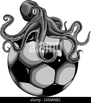 vector illustration of monochrome octopus on football ball Stock Vector