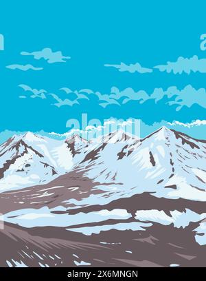 WPA poster art of Trident volcano in Katmai National Park and Preserve located in southwest Alaska USA done in works project administration or federal Stock Vector