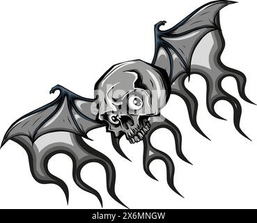 illustration of monochrome skull with bat wing on flames Stock Vector
