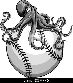 vector illustration of monochrome octopus on Baseball ball Stock Vector