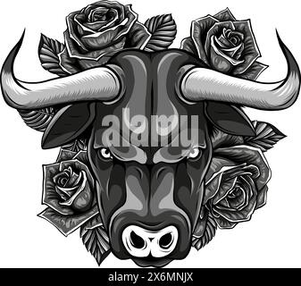 vector illustration of monochrome bull with rose Stock Vector