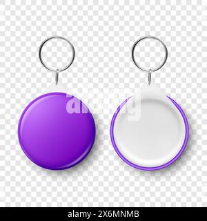 Vector 3d Realistic Purple Blank Round Button Badge with Ring Holder Closeup, Isolated. ID Badge Design Template, Mockup. Design Template for Access Stock Vector