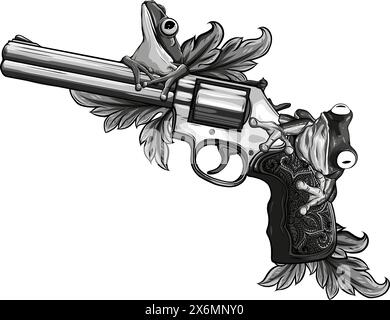 vector illustration of Monochrome Revolver with frog and flowers Stock Vector