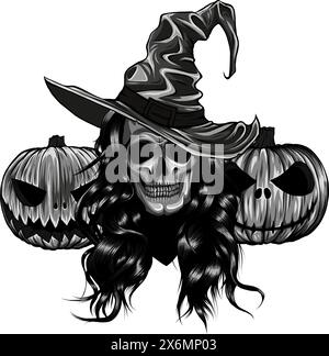 Monochrome Halloween pumpkin with skulls, vector illustration art Stock Vector