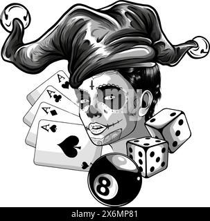 Monochrome woman Joker with card, eight ball and dice. vector illustration on white background Stock Vector