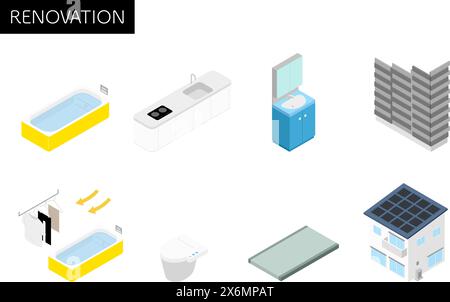 Simple isometric illustration of home remodeling, system bath, system kitchen, solar power generation, etc, Vector Illustration Stock Vector
