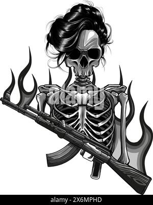 Monochrome military skeleton with flames holding assault rifle. vector illustration on white background Stock Vector