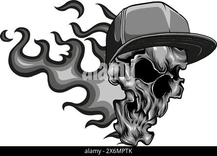 vector illustration of silhouette Angry skull with hat and flames on white background Stock Vector