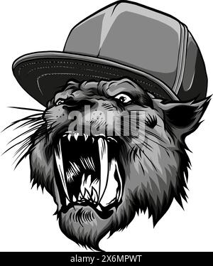 monochrome Lion angry wearing with hat. vector illustration draw Stock Vector