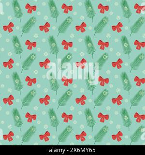 Pine twigs red Bows and Snowflakes Christmas Seamless Pattern in trendy New Year soft hues Backdrop Isolate EPS Vector Cards, greetings, wallpaper, wrapping or web, posters, banners, label concept  Stock Vector